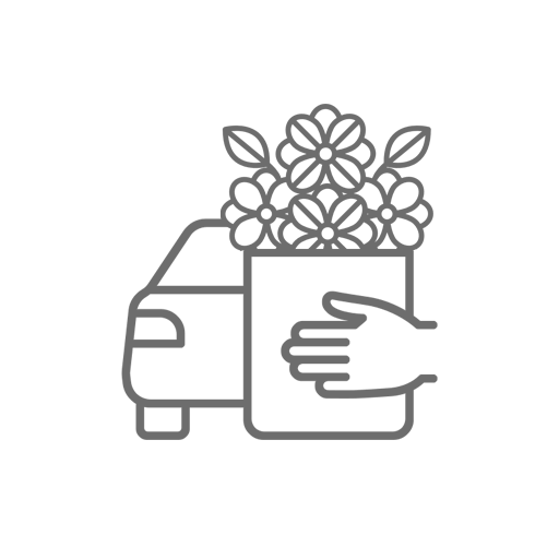 A drawing of a hand extending flower buckets next to a car describes the farm pickup option.