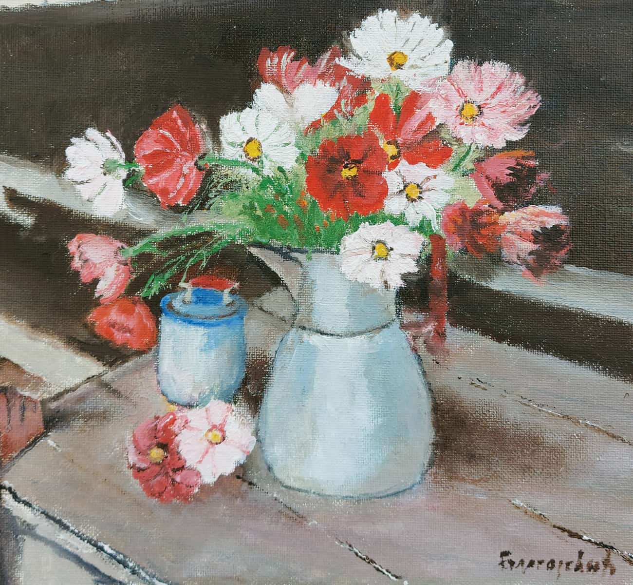 An oil painting depicts an old aluminum milk pitcher with a red handle holding a fresh-cut cosmos bouquet standing on a rustic table.